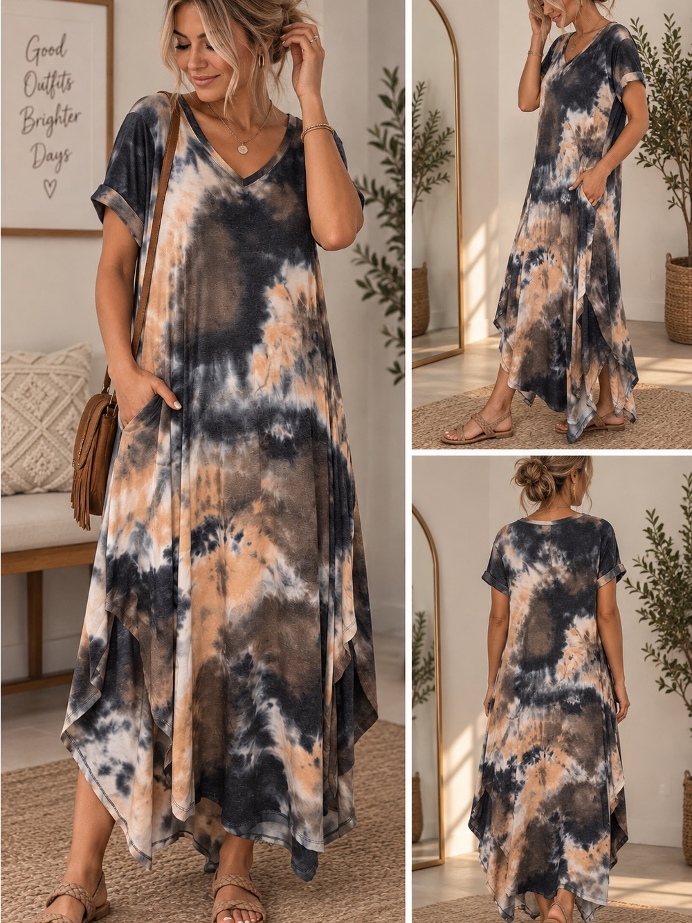 TALULAH Black & Brown Tie-Dye V-Neck Asymmetrical Maxi Dress